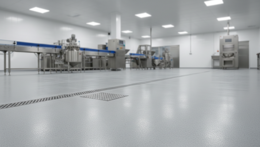Pavimento epoxi alimentario continuo en una sala de proceso con equipos de acero inoxidable